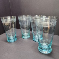 Vintage Icy Blue Etched Banded Glasses Tumbler 7″ Tall Set of 4