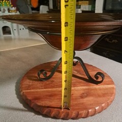 Large Amber Glass Fruit Bowl On Footed Metal Stand Tabletop Center Piece 17.75″