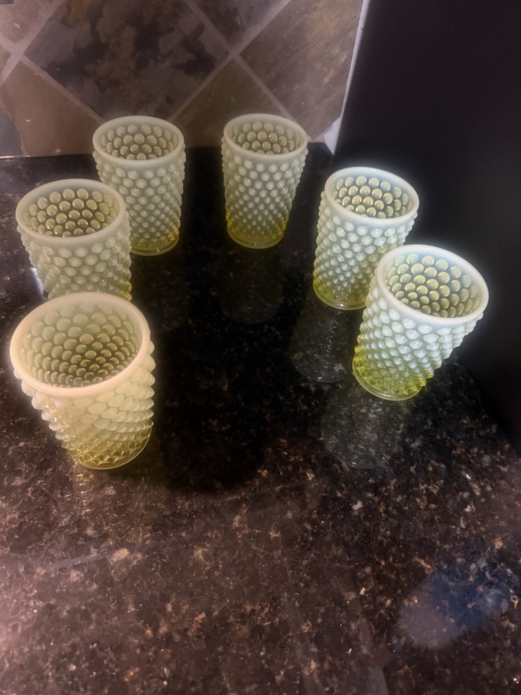 Vintage Fenton Topaz Uranium Hobnail Opalescent Glass, Set Of 6 Tumbler Glasses