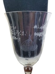 Vintage Etched Victorian Water Goblet Wine Glass Pair Romantic Couple Fountain