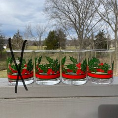 3 Christmas Glasses Libbey Holly Berry Red Band 4”H Double Old Fashioned Lowball