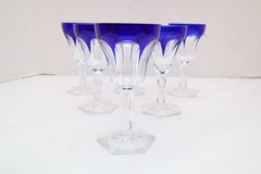 SET 6 BOHEMIAN CZECH CUT TO CLEAR CRYSTAL 5.5″ WINE GLASS GOBLETS Cobalt BLUE