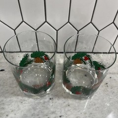 Two Vintage LIBBEY Pinecone & Holly Double Old Fashioned Glass Tumbler