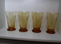 vintage Art Deco Set Of 4 amber glass Cups featuring etched floral designs 5.5″