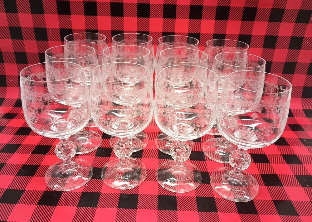 12 Crystalex Wine Glass Queen’s Lace Bohemia Crystal Clear Etched Goblets VTG