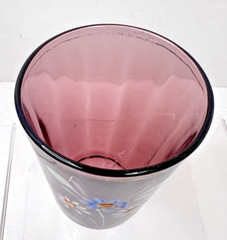 Antique Hand Enameled Deep Purple Amethyst Drinking Glass w Daisies 4 Inch OLD
