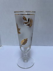 6 Vtg MCM Pilsner Glasses Gold Leaf Frosted Footed Stemmed Beer Foliage Drinking