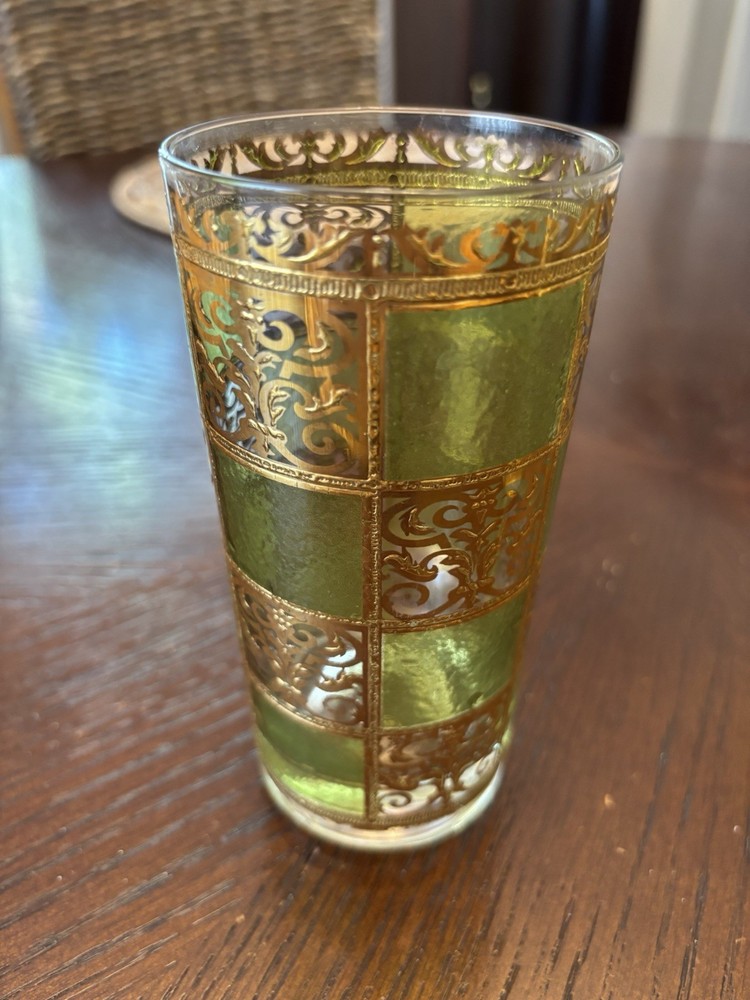 Vintage Signed Culver Prado Green and Gold High Ball 12oz Cocktail Glass