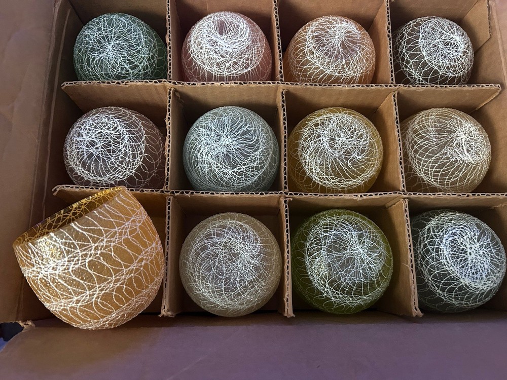 MCM Vintage Color Craft Spaghetti String Roly Poly Glasses 24 Set New In Box USA