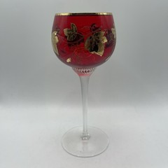 Vintage Red Bohemian Twisted Stem Grapes & Leaves 24 k Gold Trim Glass