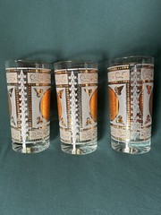 Hazel Atlas Frosted Aztec Gold Medallion Highball Glasses