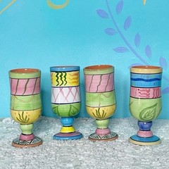 Redware Pottery Pedestal Drinking Goblets Pastel Glazed Handpainted Cups READ