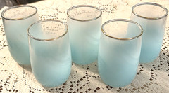 Vintage BLENDO 5 Turquoise Blue Frosted Tumbler Glasses 3 1/2″