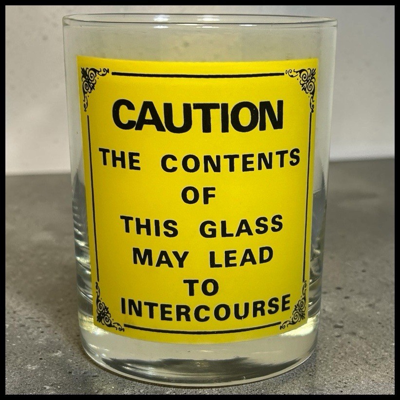 Vintage 1960’s Caution Intercourse Novelty Rocks Glass MCM Funny Bar Gag Gift