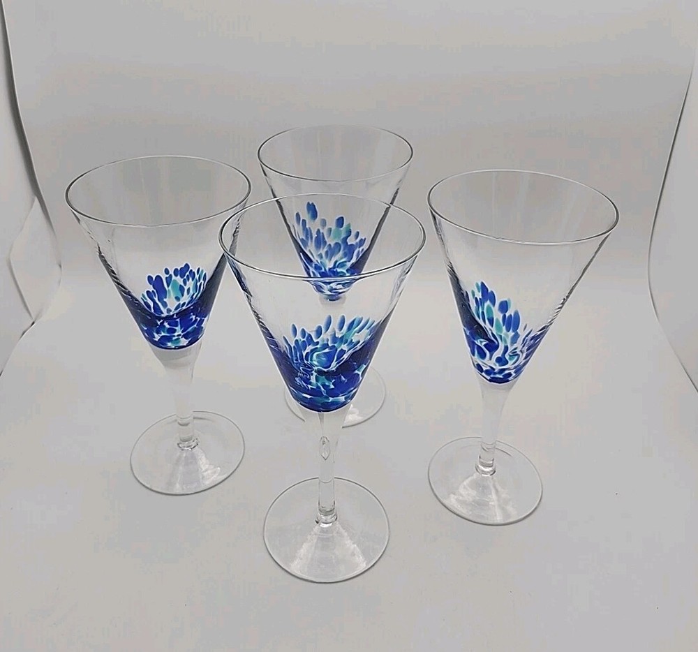 4 – Cobalt Blue Confetti Splash Hand Blown Art Glass Champagne Wine Glasses READ