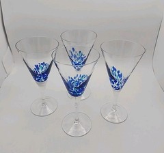 4 – Cobalt Blue Confetti Splash Hand Blown Art Glass Champagne Wine Glasses READ