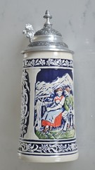 Original Vintage German Ceramic Painted Glazed Pewter Lid Beer Stein