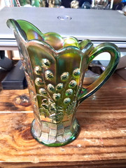 NORTHWOOD Carnival Glass GREEN Raspberry Milk Pitcher 7 1/2″ TALL BEAUTY!