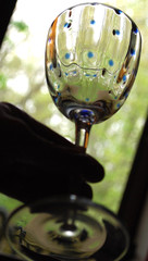Vtg 8″ CLEAR WAVED OPTIC PANEL w BLUE POLKA DOTS WATER GOBLET GLASS Hand Blown