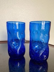 Pair of 2 BLENKO Cobalt Blue Crackle Glass Pinched Dimpled 6″ Tumblers