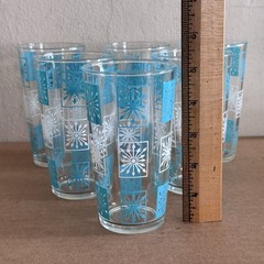 6 Vtg Hazel Atlas Atomic Starburst Turquoise Glasses 5⅛» Tall MCM