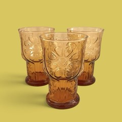 3 Vintage Libby Country Garden Amber Daisy 5” Pedestal Flower Drinking Glasses