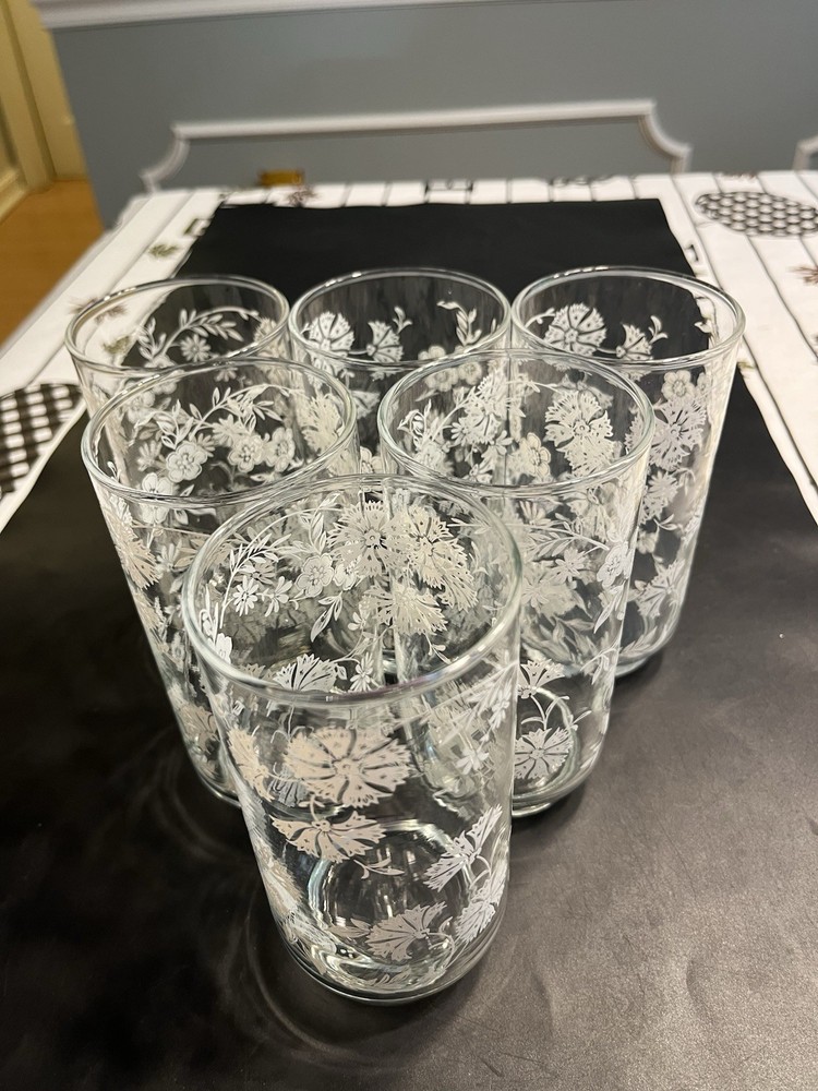 6pc Vintage Libbey Clear w White Flowers 12oz Tumbler Glasses