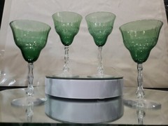 (4) Quality Crystal Wine glasses Green clear cut bubble stem Seneca? needle etch
