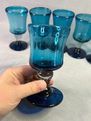 Mexican Hand Blown Aqua Blue Goblets Bubble Stem Glasses – Set of 8