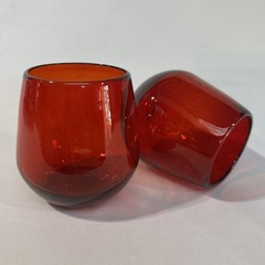 Pair Hand Blown Ruby Red Art Glass Tumblers 4″ Studio Glass Bubble Pontil Bottom