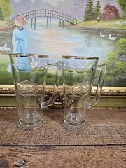VTG 1960s Falstaff Gold Rim Handled Beer Mugs Glasses 7″ Set Of 2