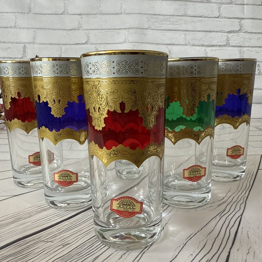 RARE! VTG France Crystal Collection Royal 24K Gold Glasses Set of 6 Handmade
