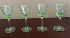 Set of 4 Rare VTG Macbeth-Evans Etched Green Cordial Depression Glass