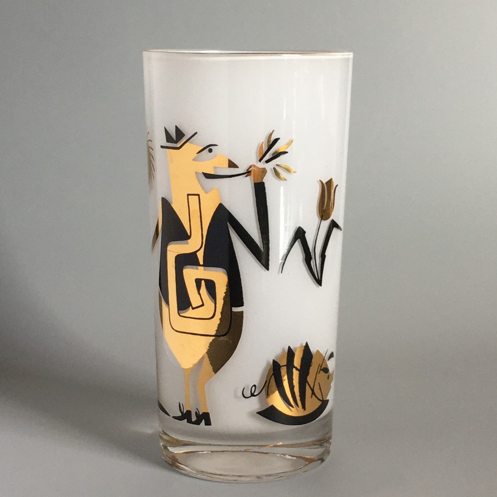 One Mid-Century Modern Highball Barware Glass Gold & Black Abstract