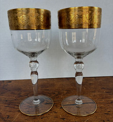 2 Pc Glastonbury Lotus Goldenrod Pattern Water Wine Goblets 22K Gold Encrusted
