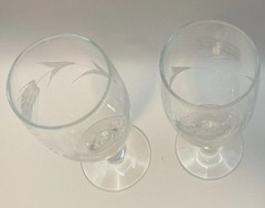 2 Antique Etched Wheat Pattern Clear Glass Wine Glasses Flutes Hand Blown
