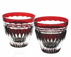 Faberge Na Zdorovye Ruby Cut to Clear Cased Crystal DOF Rocks Whisky Glass Pair
