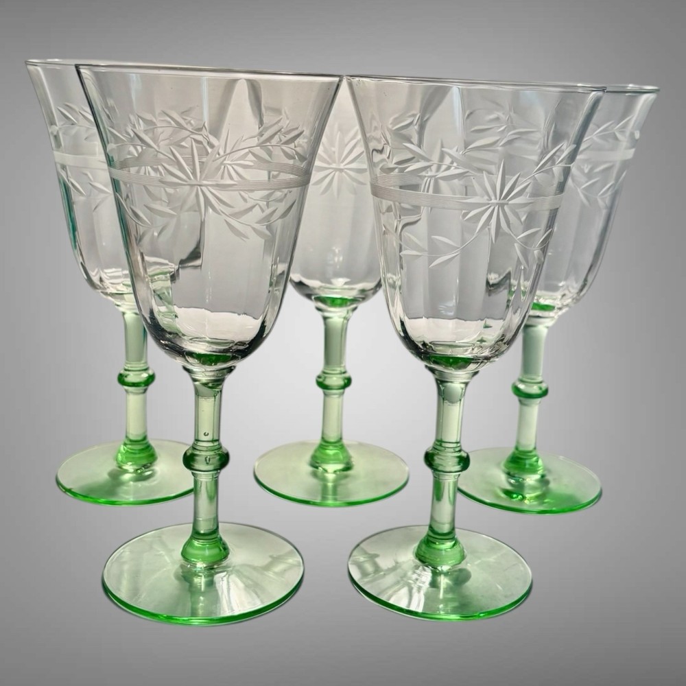 Set 5 Weston Clear Crystal Green Stem Wine Goblet Cut Flower Horizontal Band