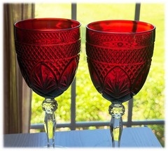 Cristal D’Arques Durand Antique Ruby Red Clear Pair of Goblets Glasses France