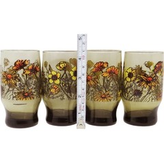 Vintage 1970s Smoky Glass Floral Daisy Marigold Tumblers Set of 4 12oz