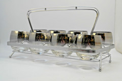 Vintage Roly Poly Glass Set of 8 with Caddy Dorothy Thorpe Style Silver Rim MCM!