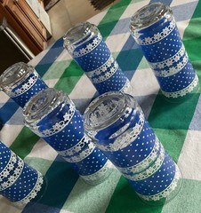 6 Vintage Anchor Hocking Tall Drinking Glasses Blue & White Polka Dots & Lace