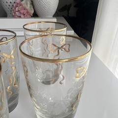 Set Of Four Libby Gold Bow Etched Roses Clear Glass Drinking Glasses