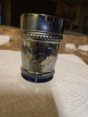Dugan Beaded Stork Carnival Glass Tumbler Cobalt Blue Silver Gold Iridescent 4″.