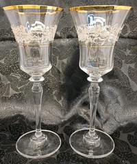 (2) Mikasa Vintage Antique Lace Crystal Water Goblet Set Floral Gold Rim