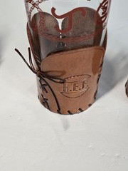 4 Vintage Libbey BAMCO MCM Western Branding Decal Glasses w/Leather Holder 5.5”