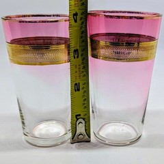 Bohemian Pink Fade Tumbler Juice Glasses Gold Overlay Swirl MCM Set Of 2