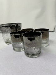 Vintage MCM Queen’s Lustreware 4 Lowball Glasses & Ice Bucket Silver Fade