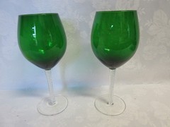 Pair Artland Braid Green Sage 9″ Tall Wine Glass Stem w Twisted Clear Stems, EX!
