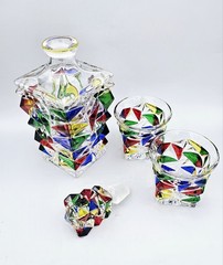 Murano-Style Colorful Faceted Geometric Glass Decanter and Lowball Set
